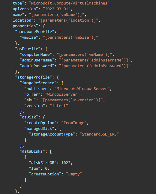 Code snippet - ARM template to deploy a VM