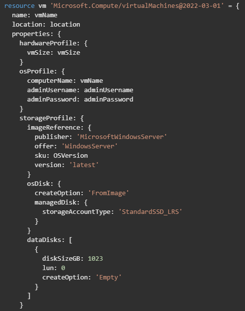 Code snippet - Bicep template to deploy a VM