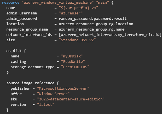Code snippet - Terraform to deploy a VM