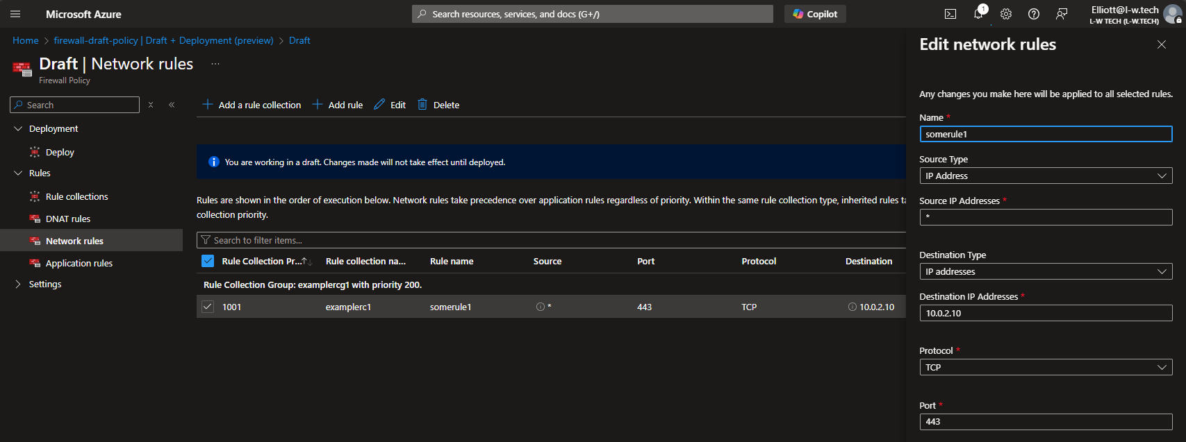 Screenshot updating rules into draft without applying